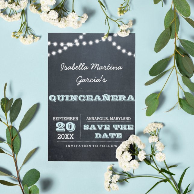 Cartão Postal De Anúncio Chalkboard Lights Aqua Quinceañera Salve a Data (Criador carregado)