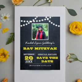 Cartão Postal De Anúncio Chalkboard Luzes Douradas Bat Mitzvah Data de Salv
