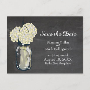 Cartão Postal De Anúncio Chalkboard Mason Jar e Hydrangeas Salvem a Data