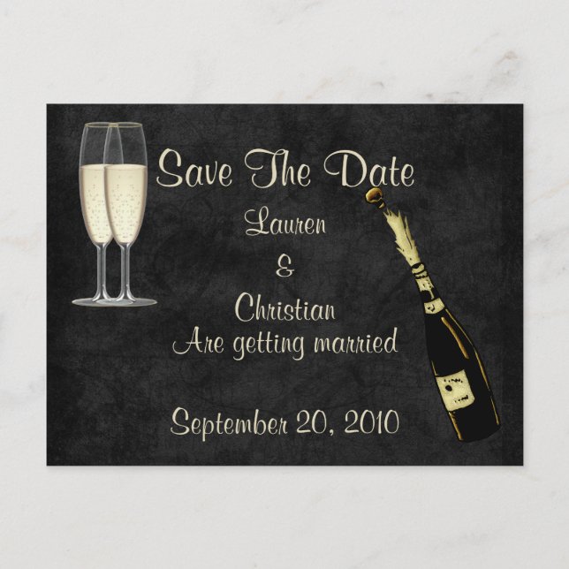 Cartão Postal De Anúncio Champagne Save The Date (Preto) (Frente)