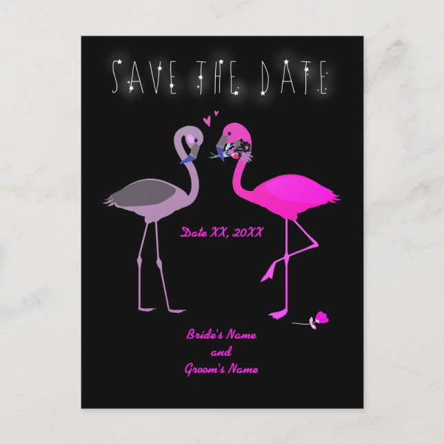 Cartão Postal De Anúncio Charming Flamingo Casal Salvar o Casamento de Data (Frente)