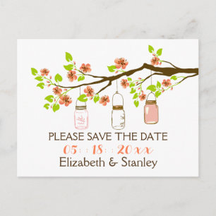 Cartão Postal De Anúncio Cherry floresce, casamento do Mason Jars Salvar a 