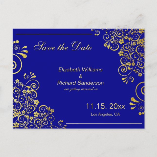 Cartão Postal De Anúncio Chic Azul Marinho Dourado Save the Date Casamento (Frente)