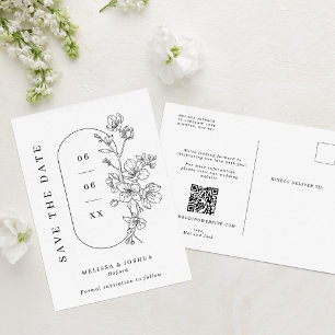 Cartão Postal De Anúncio Chic Black & White Blossoms Casamento Salve a Data