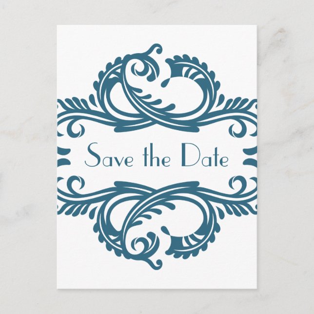 Cartão Postal De Anúncio Chic Damask Save the Date Postcard, Blue (Frente)
