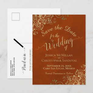 Cartão Postal De Anúncio Chic de Rust & Gold Caligrafia Casamento Salve o C