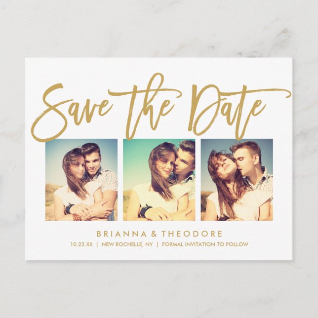 Cartão Postal De Anúncio Chic Hand Lettered Save The Date Photo Collage (Frente)