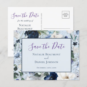 Cartão Postal De Anúncio Chic Poeira Azul Marinho Floral Save the Date