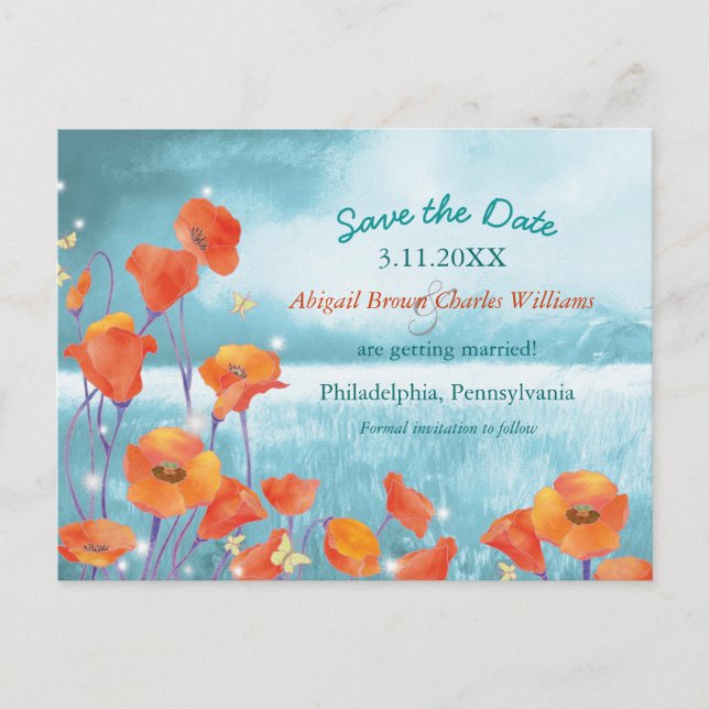 Cartão Postal De Anúncio Chic Poppy Casamento Salve a Data (Frente)