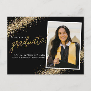 Cartão Postal De Anúncio Chic Preto Graduado Dourado Brilho Foto Graduação
