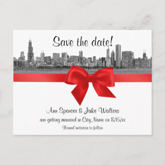 Cartão Postal De Anúncio Chicago Skyline Gravado BW Vermelho Save the Date