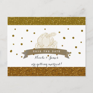Cartão Postal De Anúncio Cinderela Carruagem Dourado Brilho Save The Date