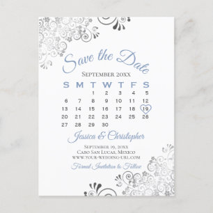 Cartão Postal De Anúncio Cinza Azul no Casamento Branco Salvar o Calendário