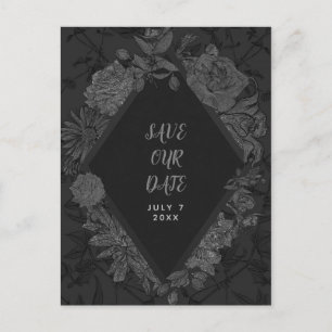 Cartão Postal De Anúncio Cinza Preto Elegante Vintage Floral Save the Date