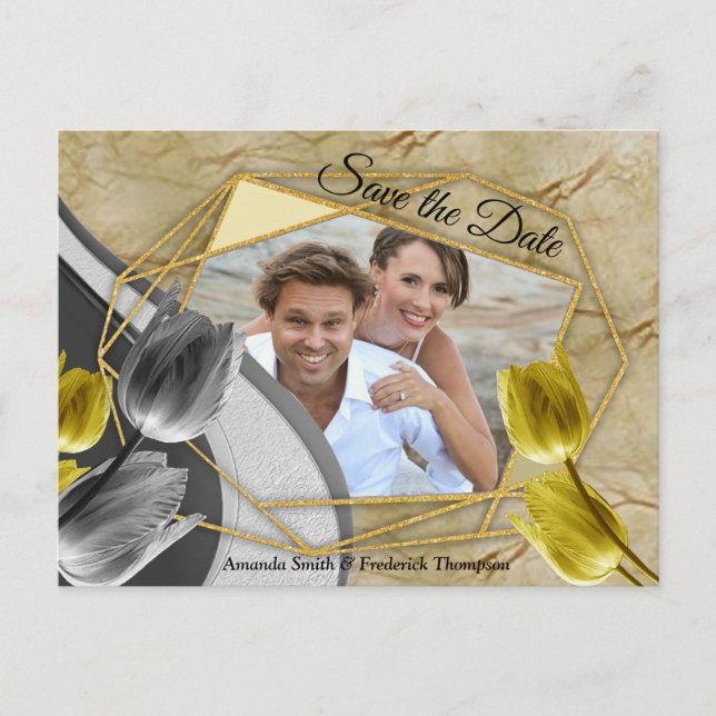 Cartão Postal De Anúncio Cinzas e tulipas amarelas na textura. (Frente)