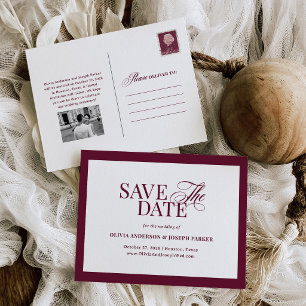 Cartão Postal De Anúncio Clássico Luxo Salve a Data em Burgundy e Branco