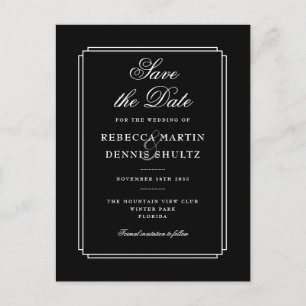 Cartão Postal De Anúncio Clássico Simples Preto e Branco Deco Save the Date