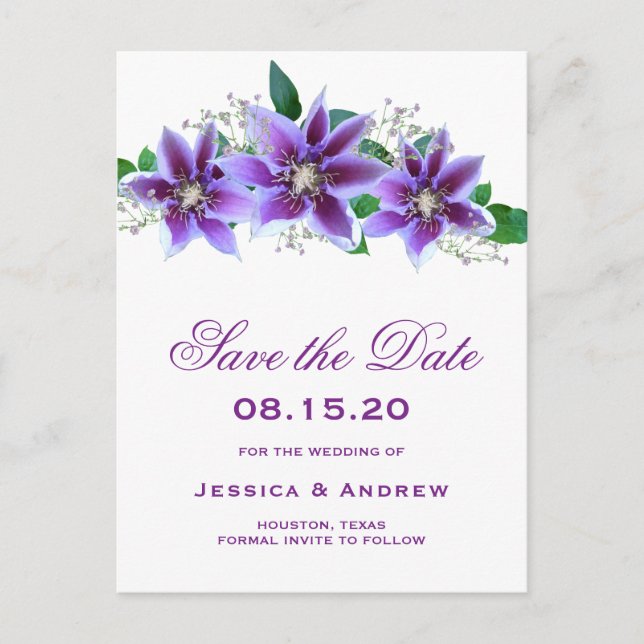 Cartão Postal De Anúncio Clematis Chic Classy Casamento Salve a Data (Frente)