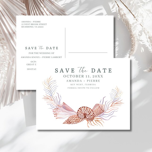 Cartão Postal De Anúncio Coastal Seashell Beach Wedding Save the Date (Coastal Seashell Beach Wedding Save the Date Announcement Postcard)
