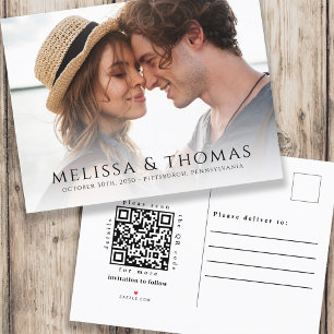 Cartão Postal De Anúncio Código QR de Foto Salve a Data do Elegante Clássic