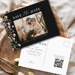 Cartão Postal De Anúncio Código QR Preto Casamento Floral de Flor Selvagem<br><div class="desc">Anuncie seu dia especial com nosso Código QR Wildflower Wedding Salvando a Data! Apresentando um belo design de flor silvestre, este cartão elegante combina encanto rústico com conveniência moderna. O código QR incluído direciona convidados para o seu site de casamento para acesso fácil a detalhes e RSVPs. Feito com materiais...</div>
