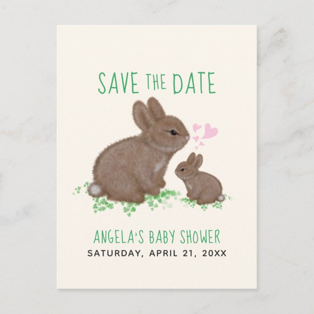 Cartão Postal De Anúncio Coelhinhos Adoráveis Corações Baby Shower Salve a  (Frente)
