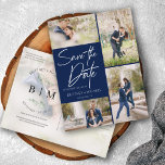Cartão Postal De Anúncio Colagem Azul com Marinho com Letra Mão Salvar a Da<br><div class="desc">Tire as suas 5 melhores imagens da sessão de fotos do seu noivado com 4 para a frente e uma para o verso. Ele apresenta um design de letreiro manual que diz Salvar a Data.</div>