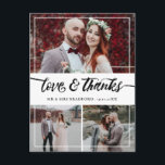 Cartão Postal De Anúncio Colagem de Casamento de Obrigados e Amor com Scrip<br><div class="desc">Diga obrigado ao seu convidado de casamento com este adorável cartões de agradecimentos onde você pode adicionar três lindas fotos do seu casamento. Amor e obrigados são escritos em um encantador roteiro de pincel. Adicione seus nomes e,  no verso,  uma mensagem pessoal ao seu convidado.</div>