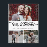 Cartão Postal De Anúncio Colagem de Casamento de Obrigados e Amor com Scrip<br><div class="desc">Diga obrigado ao seu convidado de casamento com este adorável cartões de agradecimentos onde você pode adicionar três lindas fotos do seu casamento. Amor e obrigados são escritos em um encantador roteiro de pincel. Adicione seus nomes e,  no verso,  uma mensagem pessoal ao seu convidado.</div>