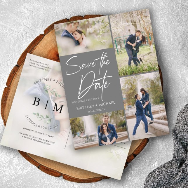 Cartão Postal De Anúncio Colagem de Cinza com Letra Mão Salvar a Data (Criador carregado)