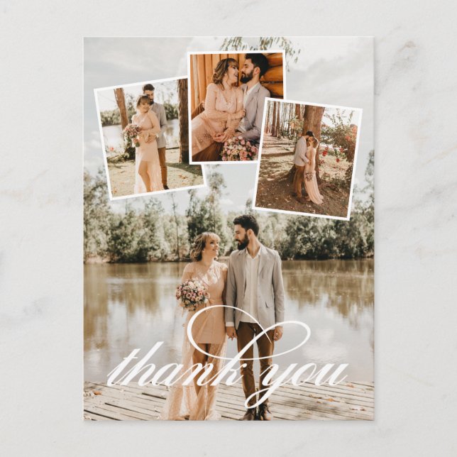 Cartão Postal De Anúncio Colagem de Fotos de Casamento Agradecimento em Let (Frente)