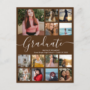 Cartão Postal De Anúncio Colagem de Fotos de Graduado 14 Marrom e Branco Gr