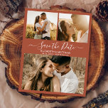 Cartão Postal De Anúncio Colagem De Fotos Do Script Chic Terracotta Salvar<br><div class="desc">O moderno boho terra terracota 3 foto colagem casamento salve o cartão postal do anúncio. Modelo de design minimalista de chic apresenta três (3) imagens de casal colagem e elegante script cursivo de tipografia de letras de mão "Salvar a Data" no tom de terracota, fundo cor laranja queimado por ferrugem....</div>