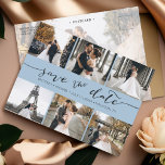 Cartão Postal De Anúncio Colagem de Fotos Moderna Salva a Data Azul<br><div class="desc">Escolha as melhores fotos de sua filmagem de noivado ou suas fotos favoritas de vocês dois para salvar a data perfeita. As palavras salvar a data são manuscritas para dar uma sensação pessoal ao cartão. A frente tem 6 imagens e a parte traseira tem uma grande imagem com um filtro...</div>