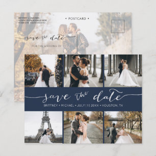 Cartão Postal De Anúncio Colagem de Fotos Moderna Salve o Marinho de Data A