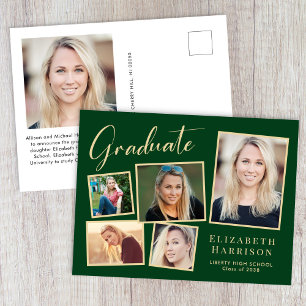 Cartão Postal De Anúncio Colagem de Fotos Moderna Verde Dourado Graduação