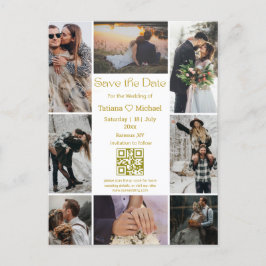 Cartão Postal De Anúncio colagem moderna de 8 fotos código qr save the date