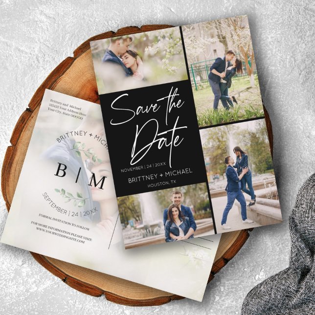 Cartão Postal De Anúncio Colagem Preta com Letra Mão Salvar a Data (Criador carregado)