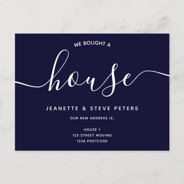 Cartão Postal De Anúncio Compramos uma casa azul marinho simples script mud (Frente)