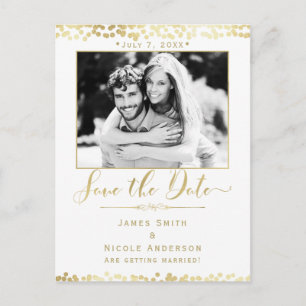 Cartão Postal De Anúncio Confetes Branco e Dourado Foto do Casamento Salve 