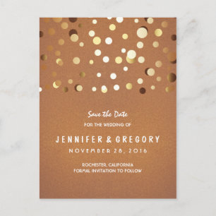 Cartão Postal De Anúncio Confetti Dourado Casual e Romântico Salvar a Data