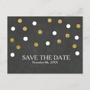 Cartão Postal De Anúncio Confetti Dourado e Branco do Quadro de Chalkboard
