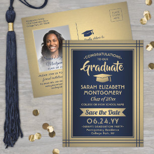 Cartão Postal De Anúncio Congratulações Graduado Azul Marinho e Dourado Sal
