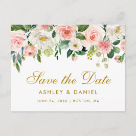 Cartão Postal De Anúncio Cor d'água rosa branca Floral Dourada Salvar a Dat