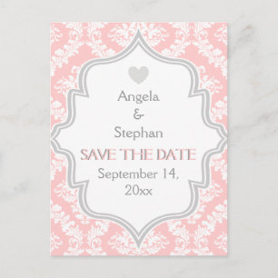 Cartão Postal De Anúncio Cor-de-rosa, branco, casamento tema damasco de cin