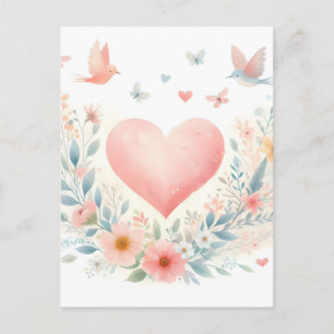 Cartão Postal De Anúncio Coração de Aquarela Suave Amor Flores Pássaros