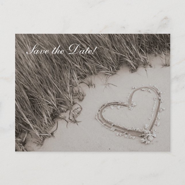 Cartão Postal De Anúncio Coração de Praia Sépia Salvar a Data (Frente)
