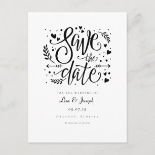 Cartão Postal De Anúncio Corações Preto e Branco Script Save the Date