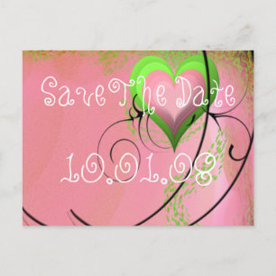 Cartão Postal De Anúncio Corações Rosa Verde Lima Casamento Salvar a Data