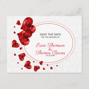 Cartão Postal De Anúncio Corações Vermelhos Sobre Damasco Branco